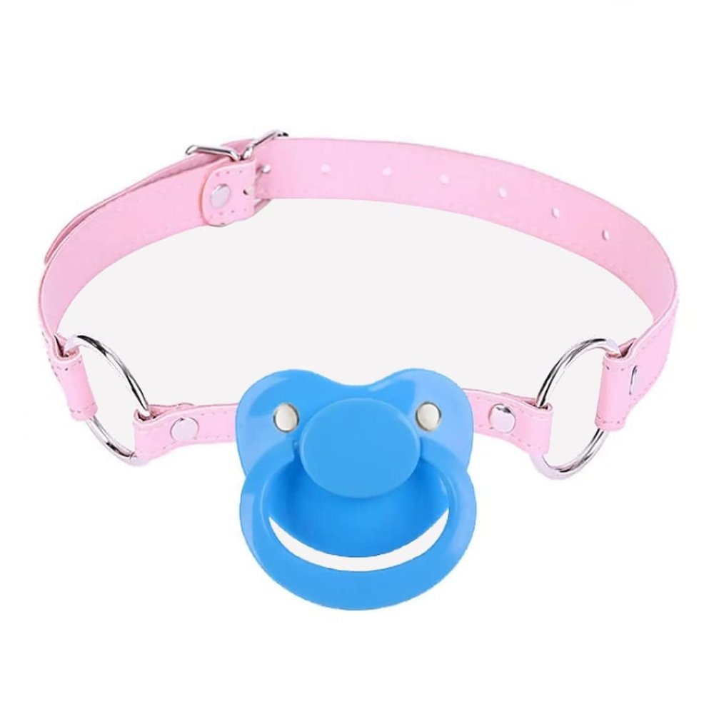 ABDL Adult Pacifier Gag - DDLG Dummy Gag for Adults - Light Pink with Blue Pacifier