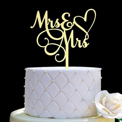 JIEEIN Mrs & Mrs Cake Topper-Wedding/ Anniversary Cake Topper,Gay and Lesbian,LGBT Marriage Union,Love is Love-Mirror Gold Acrylic