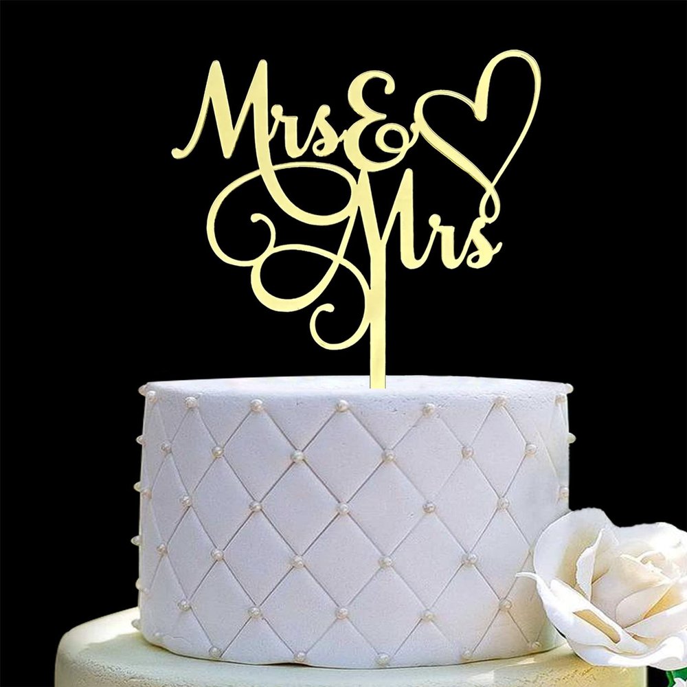JIEEIN Mrs & Mrs Cake Topper-Wedding/ Anniversary Cake Topper,Gay and Lesbian,LGBT Marriage Union,Love is Love-Mirror Gold Acrylic