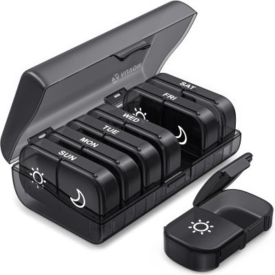 AUVON Pill Box Organiser, XL Weekly Pill Box 7 Day 2 Times a Day with One-Side Large Opening Design for Easy Filling, Tablet Organiser with Black Privacy Protection for Medication/Vitamins/Fish Oils