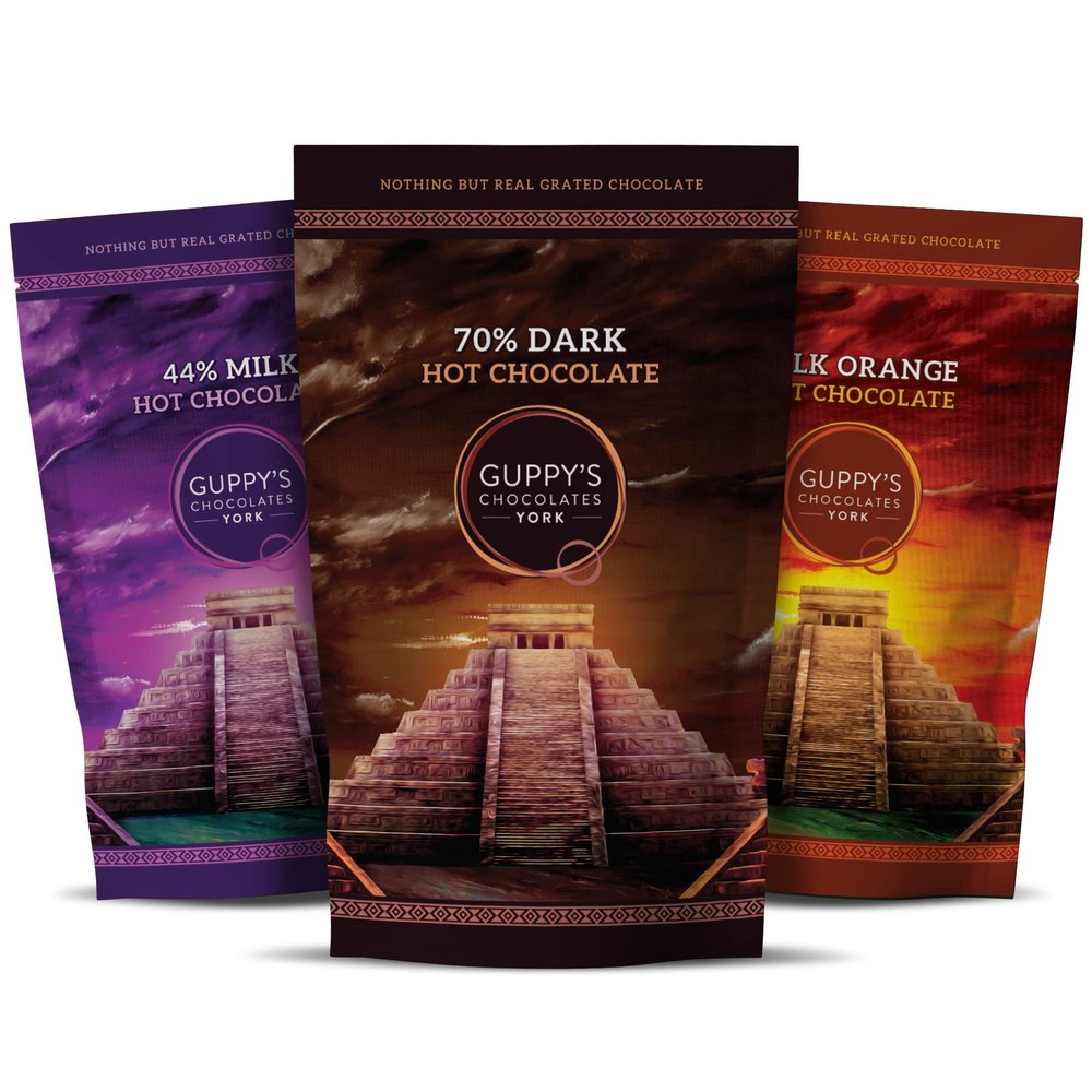 Guppy's Chocolates York | Luxury Hot Chocolate Flakes | 3 Pack | Real Grated Drinking Chocolate | 245g Resealable Pouch Equal To 7 Sachets per pack (Dark | Milk | Orange)
