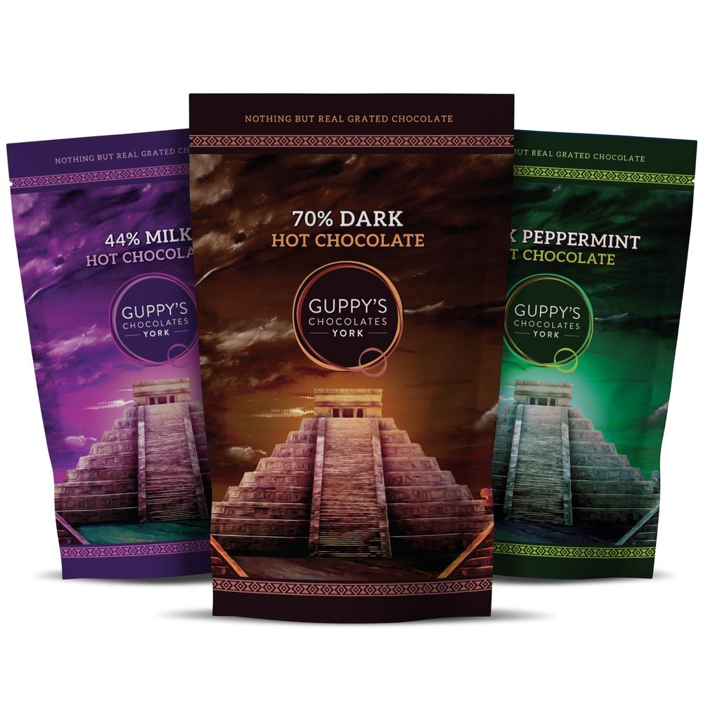 Guppy's Chocolates York | Luxury Hot Chocolate Flakes | 3 Pack | Real Grated Drinking Chocolate | 245g Resealable Pouch Equal To 7 Sachets per pack (Dark | Milk | Peppermint)