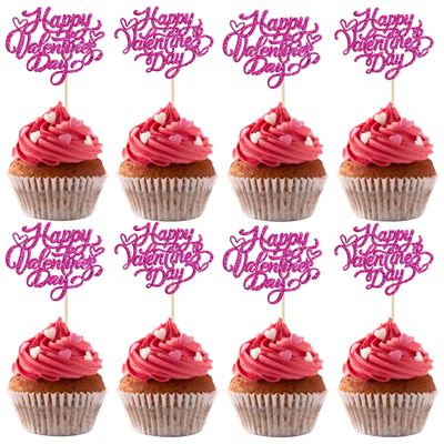 Gyufise 24Pcs Happy Valentine's Day Cupcake Toppers Rose Red Glitter Sweet Love Be Mine Valentines Cupcake Picks Valentine's Day Theme Birthday Party Cake Decorations Supplies