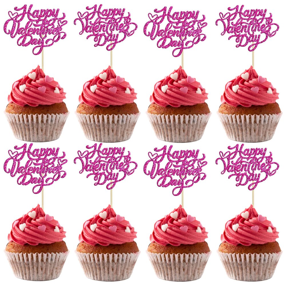Gyufise 24Pcs Happy Valentine's Day Cupcake Toppers Rose Red Glitter Sweet Love Be Mine Valentines Cupcake Picks Valentine's Day Theme Birthday Party Cake Decorations Supplies