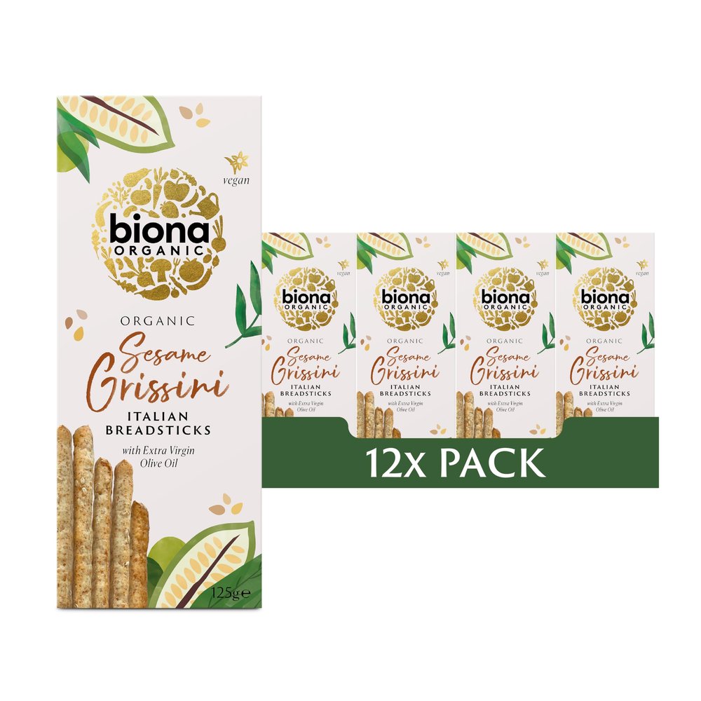 Biona Organic Sesame Italian Breadsticks, Pack of 12 - Grissini Torinesi - Organic Italian Wheat, Sesame Seeds & Olive Oil - Charcuterie Boards & Antipasti - High Fibre & Vegan Snacks