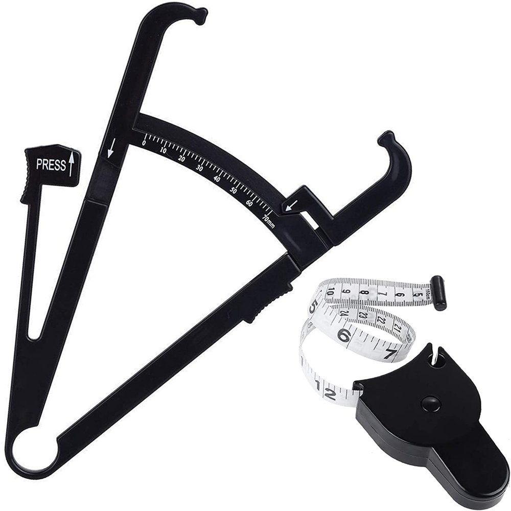 EliteKoopers 1Pcs Black Body Fat Caliper and Body Measuring Tape, 2 in 1 Skinfold Calipers for Measuring