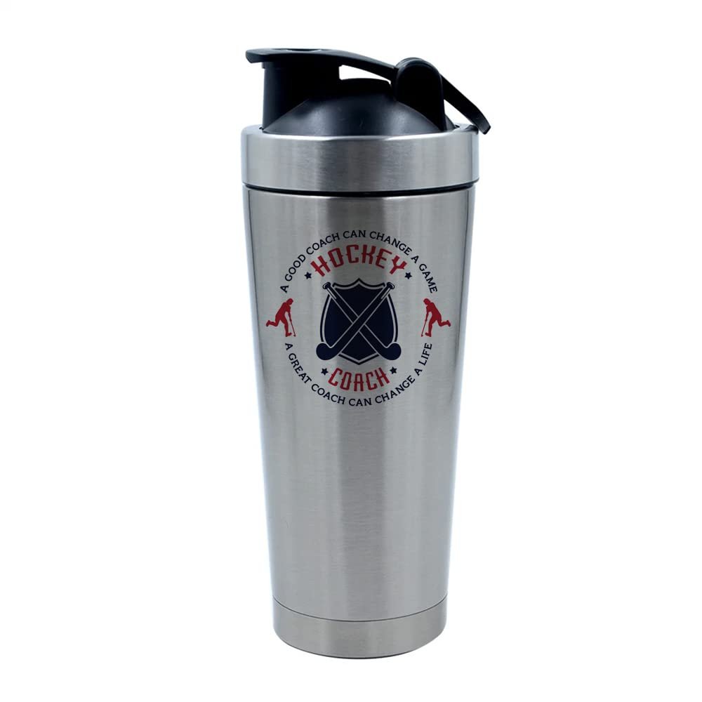 500ml Aluminium Shaker Bottle for Supplement Shakes - Easy Clean, Durable Cup Hockey Coach Gift, A Good Coach Can Change a Life, Best Coach Gift, Hockey Game Gift, Christmas. (Silver)
