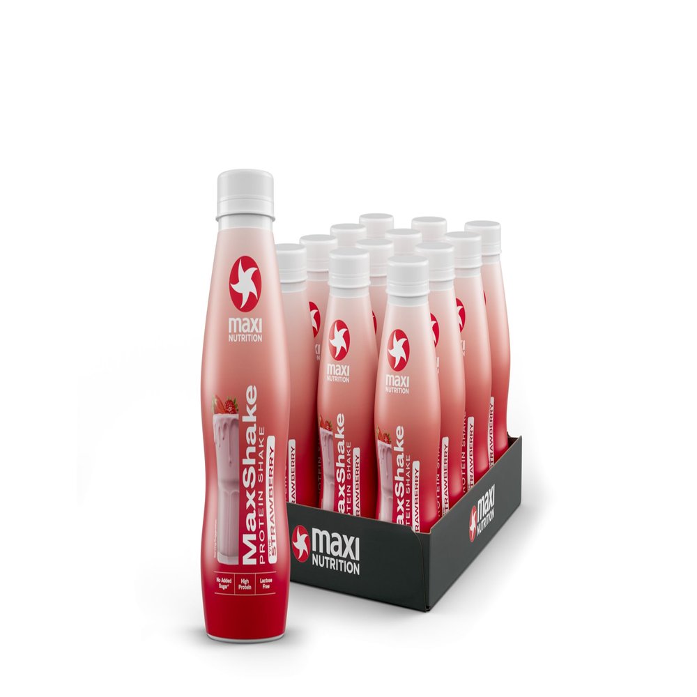 MaxiNutrition MaxShake Protein Milkshake Strawberry, 12 x 330 ml, Creamy Protein Shake for Travel, 25 g Protein, Low Fat and Low Carb, Lactose-Free, No Artificial Flavours