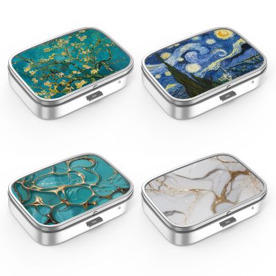 Pill Box 2 Compartment Medicine Pill Case,Portable Pill Box for Pocket or Purse Pill Box Decorative Metal Medicine Vitamin Organizer Unique Gift (4 Pieces, Set-4-van Gogh+Marble)