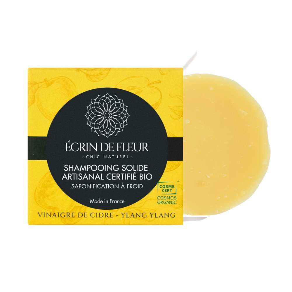 crin de Fleur  Solid Shampoo Bar with Apple Cider Vinegar & Ylang Ylang, COSMOS Organic, Nature et Progrs, Handmade in France, 55g