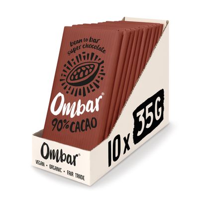 Vegan Chocolate - Ombar 90% Cacao Dark Chocolate (35g x 10 Bars) Organic, Fair Trade, Dairy Free and Gluten Free Chocolate