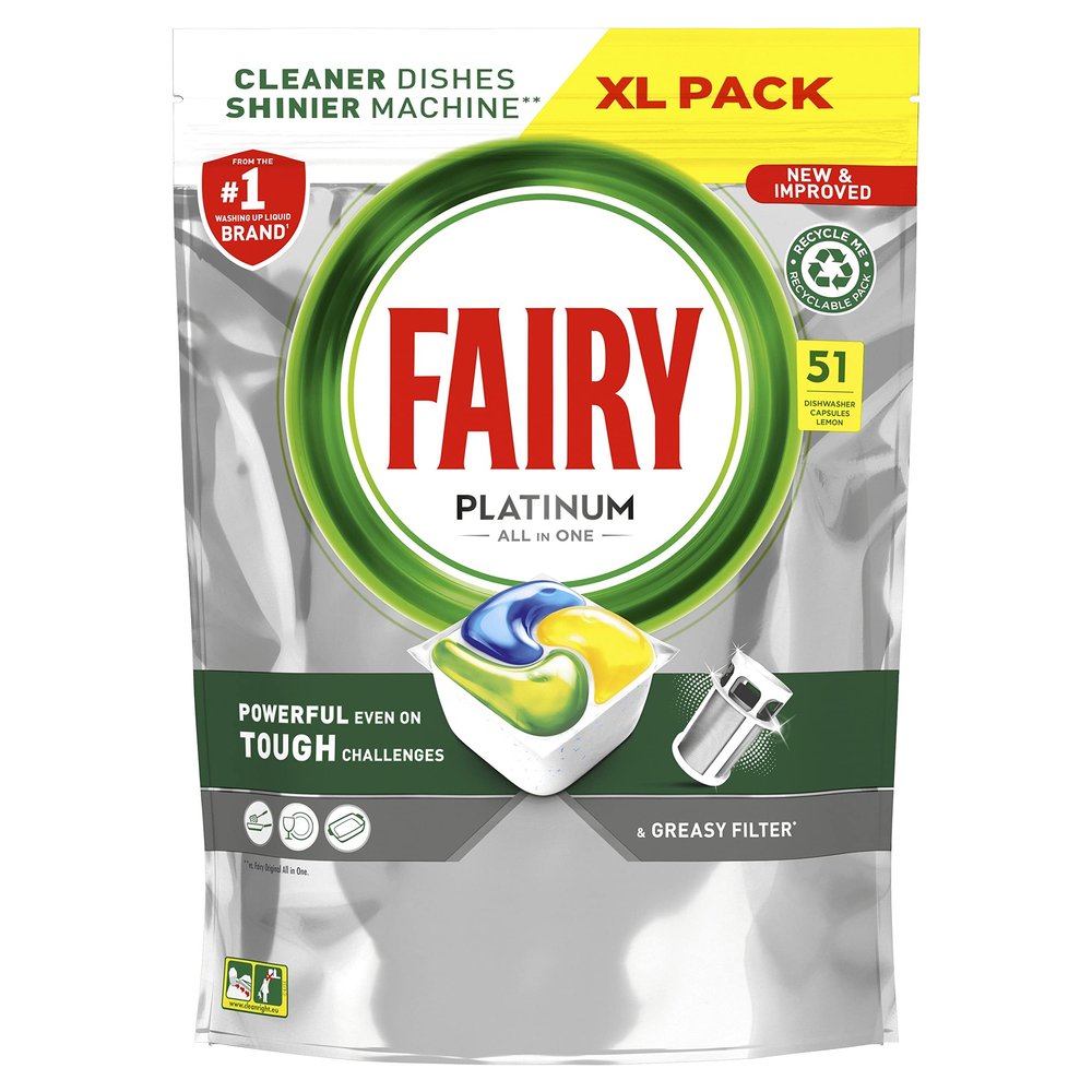 Fairy Platinum All In One Dishwasher Tablets, Lemon, 51 Tablets, For Tough Challenges, Even Cleans Greasy Filters