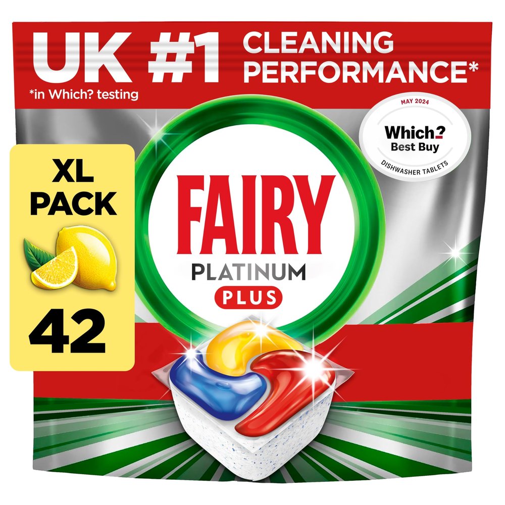 Fairy Platinum Plus Dishwasher Tablets  42 Pack, Lemon, Anti-Dull Technology