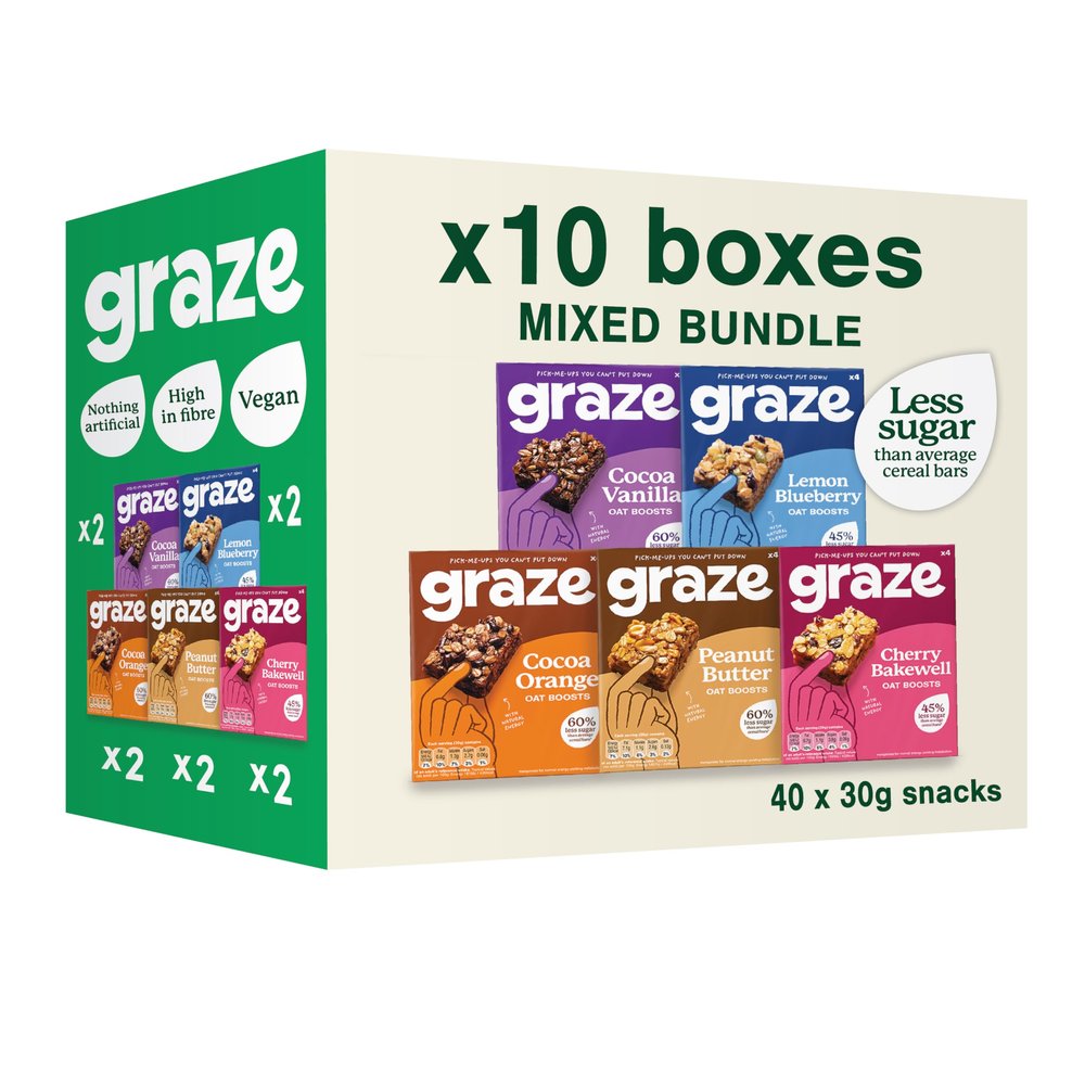 Graze Snacks-Selection box-Total 10 Snack Box, Lunchbox snacks, Vegan snacks - Packaging may vary - 40x30g of at least 45% less sugar than average Cereal bars