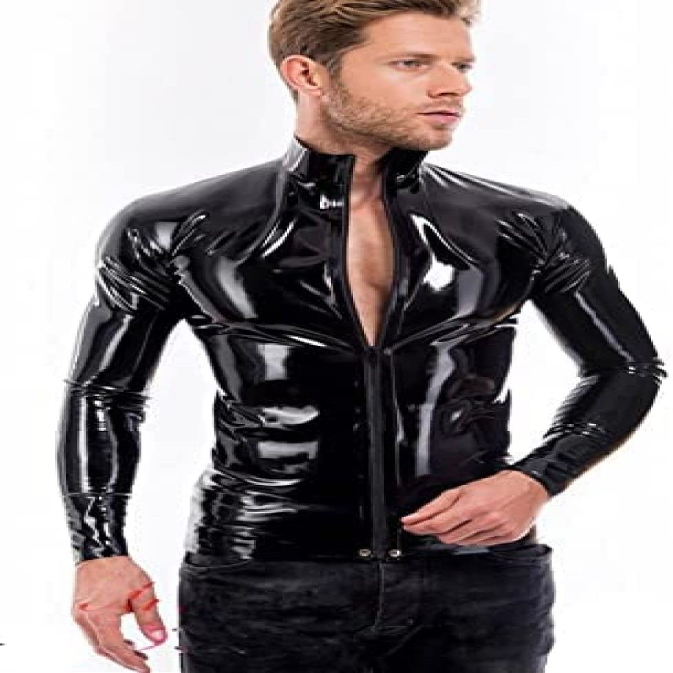 Men's Black Latex T-Shirt Rubber Top Rubber Jacket with Front Zip,Rot,XS