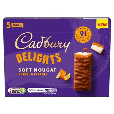Cadbury Delights Soft Nougat Orange & Caramel Bars, Chewy Nougat Bars With Orange & Caramel, Multipack of 5 x 22 g (Pack of 1)
