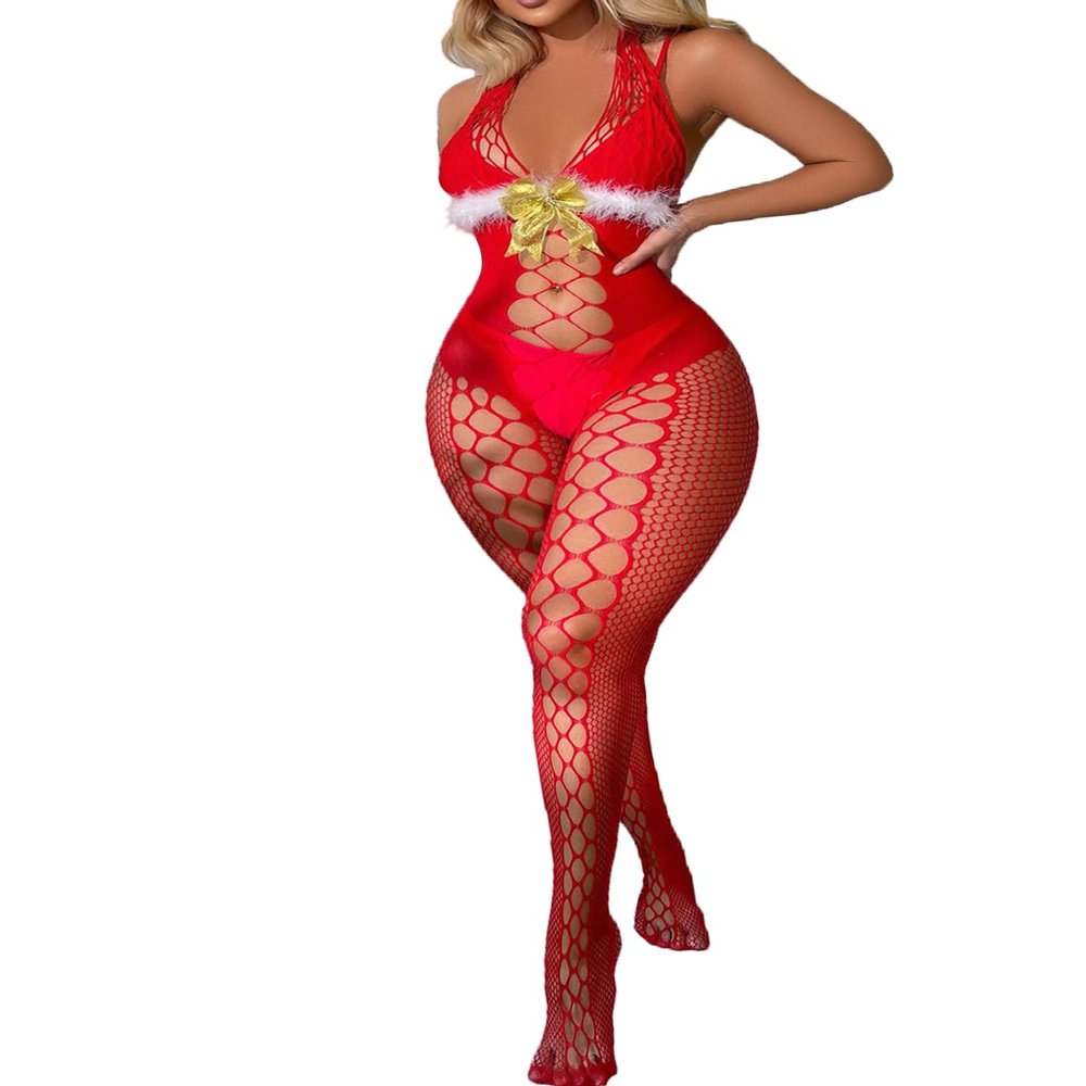 Aosora Bodysuit Lingerie Sexy Sparkle Babydoll Rhinestone Fishnets Mujer Para Sexo Exotico Hot Naughty Teddy for Women, Red-yd8810, One Size