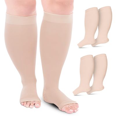 Compression Socks, Flight Socks for Women and Men. (2 Pairs) Plus Size, Wide Calf, Medical Compression Stockings. Knee High with Open Toe. Excellent Support, Helps with Varicose Veins. (Beige, 5XL)