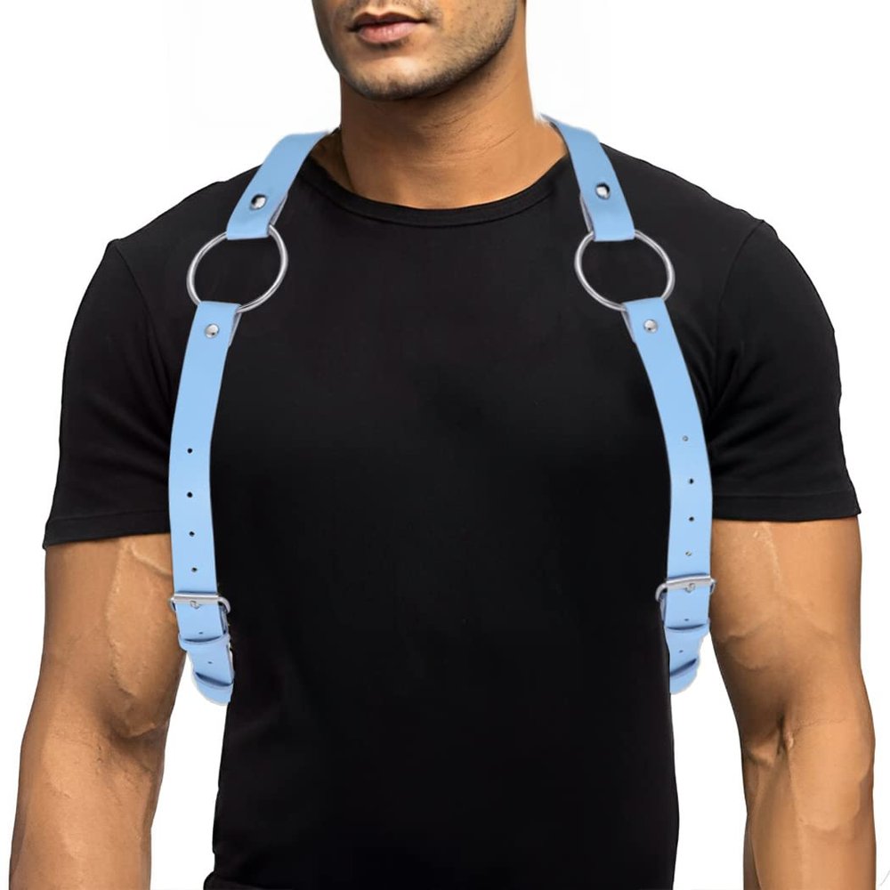 COSYDAYS Men Leather Chest Harness Belt Punk Body Shoulder Harness Ring Adjustable Buckle Straps Club Wear Costume, Blue