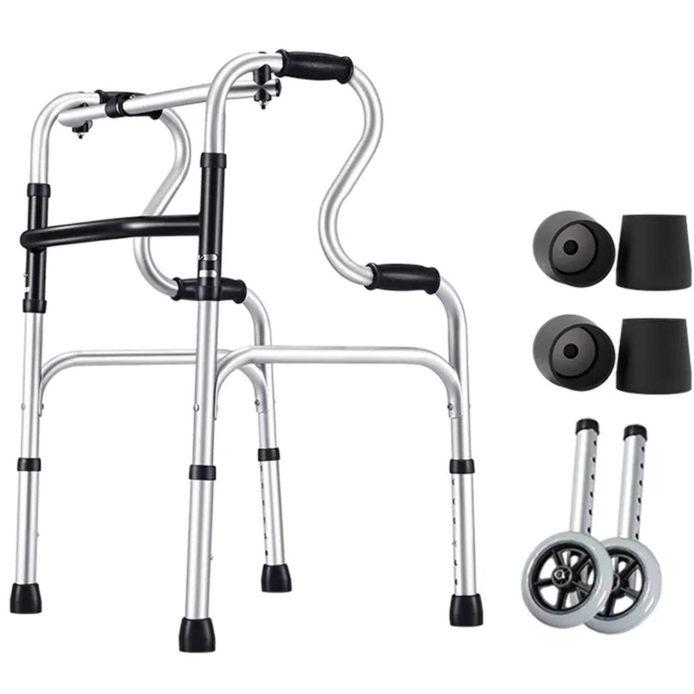 SEVEEZ Walking Frame With 2 Fixed Wheels, Lightweight Folding Mobility Frame Walker Height Adjustable Aluminium Elderly Walking Aid