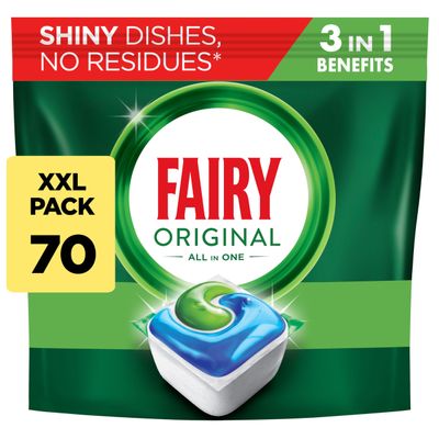Fairy All-In-1 Original Dishwasher Tablets Bulk 70 Tablets, Effective Even On Dried-On Grease