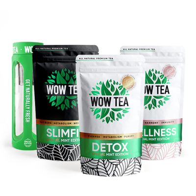 WOW TEA - Full Mint Bundle - Mint Detox, SlimFit and Wellness Tea with Green Infuser Bottle