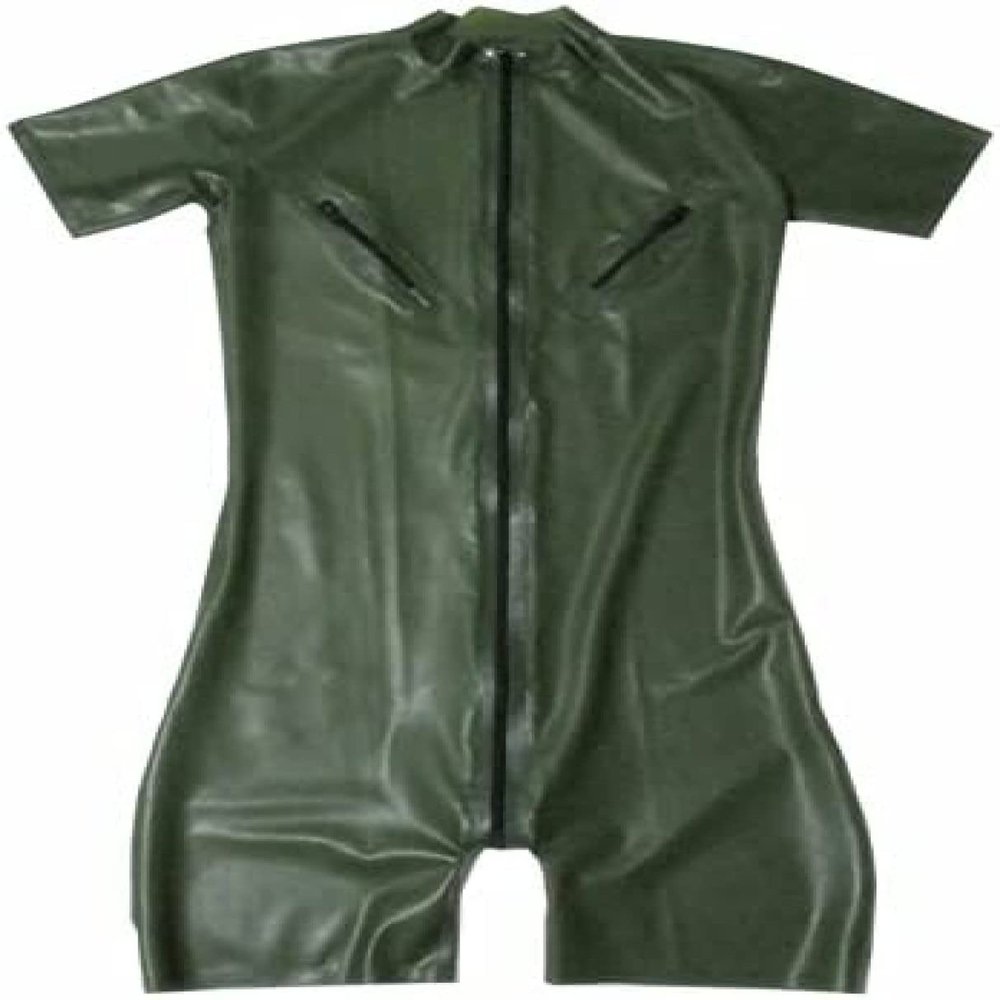 Latex Men's Catcuit with Nipple Zips, Army Green, Natural Rubber, Short Legs, Clothing Front Zip, Customised Jumpsuit,Blue,XXL