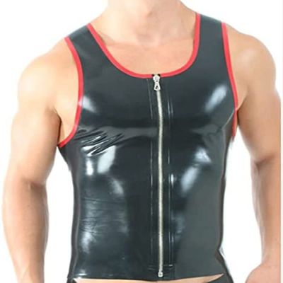 Latex Vest Shirts with Round Collar Zip Front Rubber Clothing Tank Top, Black with Red, Men's,White with Red,Male XS