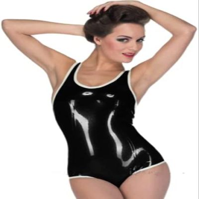 Handmade Sexy Women Black Latex Jersey Rubber Tight Swimwear with White Trim,Blue,XXS