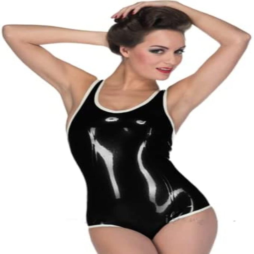 Handmade Sexy Women Black Latex Jersey Rubber Tight Swimwear with White Trim,Blue,XXS