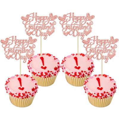 Gyufise 24Pcs Happy Galentine's Day Cupcake Toppers Rose Gold Glitter Sweet Love Valentine Cupcake Picks Valentine's Day Theme Birthday Party Cake Decorations Supplies