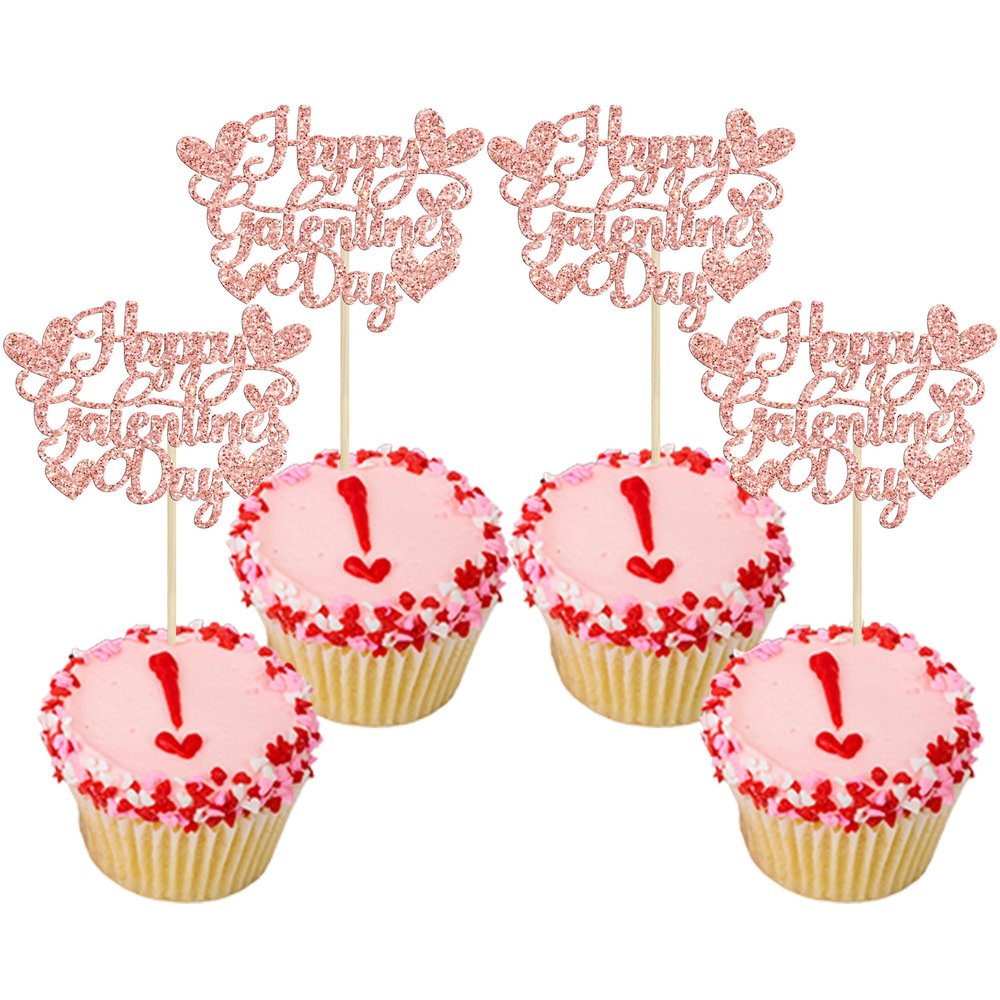 Gyufise 24Pcs Happy Galentine's Day Cupcake Toppers Rose Gold Glitter Sweet Love Valentine Cupcake Picks Valentine's Day Theme Birthday Party Cake Decorations Supplies