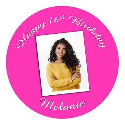 Photo Personalised Cake Topper Edible Icing Pink Round up to 8"