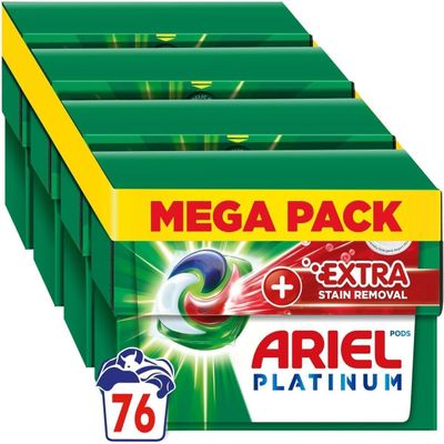 Ariel Platinum PODS, Washing Liquid Laundry Detergent Capsules 76 (4x19) Washes, +Extra Stain Removal, Even Remove 7-Day Dried-In Stains