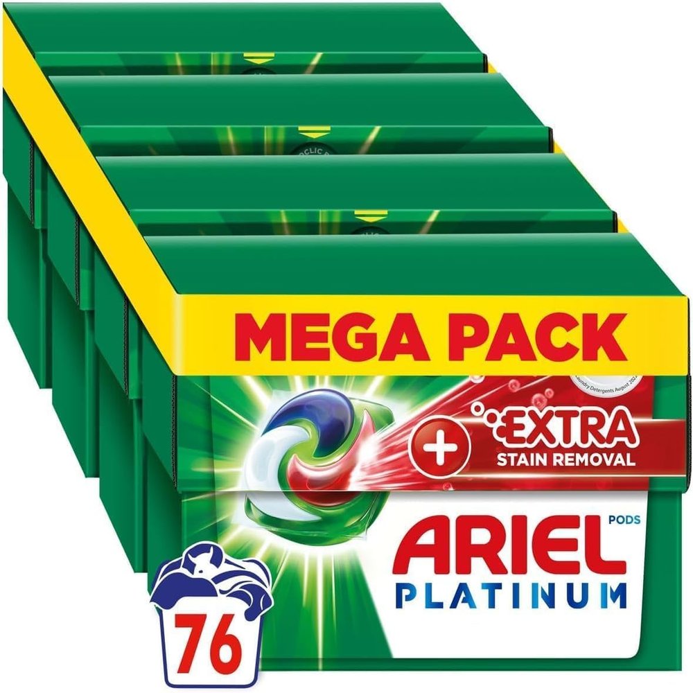 Ariel Platinum PODS, Washing Liquid Laundry Detergent Capsules 76 (4x19) Washes, +Extra Stain Removal, Even Remove 7-Day Dried-In Stains