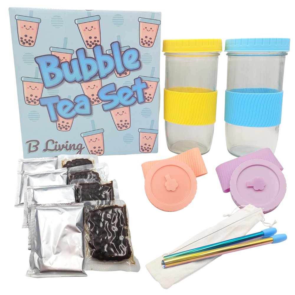 Bubble Tea Kit Gift Set - Bubble Tea Cups With Lids, Straws, Boba Pearls, Boba Tea Powder, Spare Bubble Tea Cup Lids & Boba Tea Kit Accessories. Complete Make Your Own Bubble Tea Kit/Boba Kit