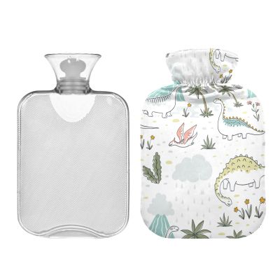 2L Hot Water Bottle with Cover, Cartoon Doodle Dinosaurs White Hot Water Bag for Hand Feet Warmer, Classic Transparent Warm Water Bottle for Menstrual Cramps, Neck and Shoulder Pain Relief
