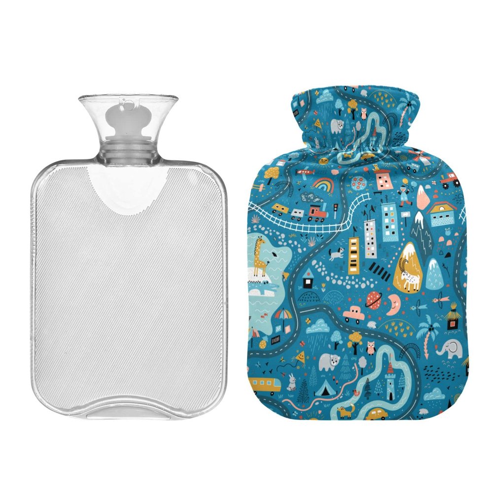 Cute Map Blue 2 Liters Hot Water Bottle with Cover, Transparent Hot Water Bag for Neck and Shoulder Pain Relief Hand Feet Hot Therapy
