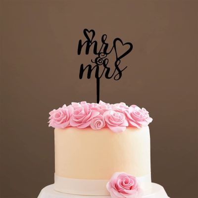 Hearts Mr & Mrs Cake Topper - Mr&Mrs Romantic Wedding Cake Topper - Bride/engagement/bachelorette Party Cake Topper, Acrylic Black Cake Toppers for Wedding