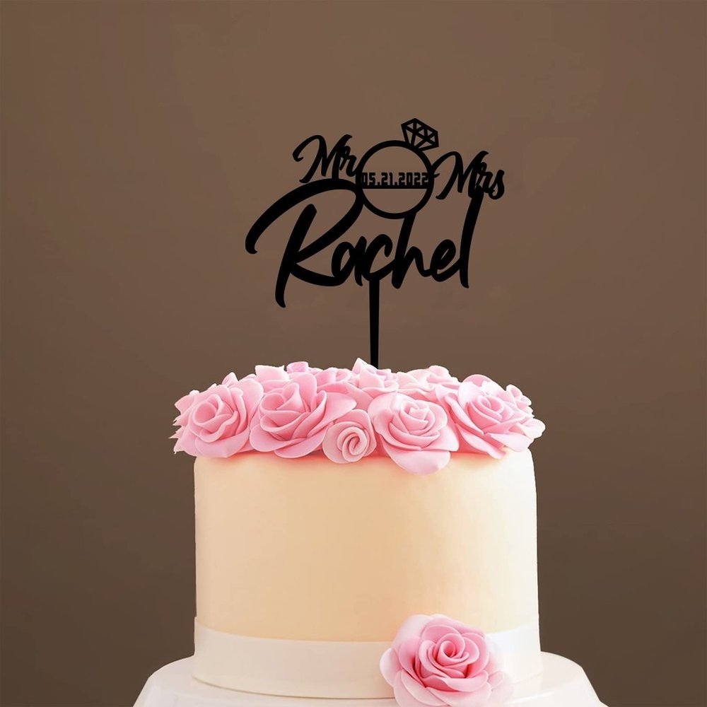 Personalized Mr Mrs Last Name Cake Topper - Romantic Wedding Cake Topper - Bride/engagement/bachelorette Party Cake Topper, Acrylic Black Cake Toppers for Wedding