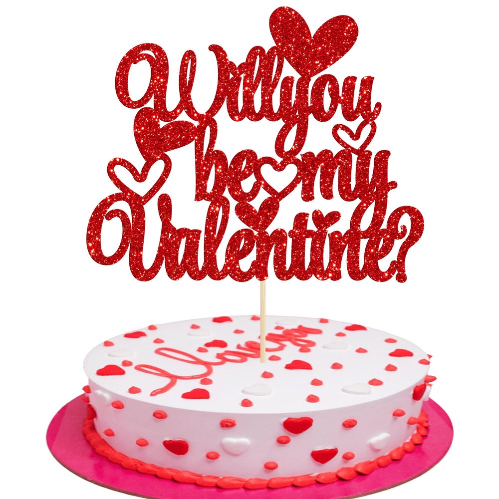 Gyufise 1Pc Will You Be My Valentine Cake Topper Glitter Sweet Love Valentine's Day Cake Picks Happy Valentine's Day Wedding Bridal Shower Birthday Party Cake Decorations Red