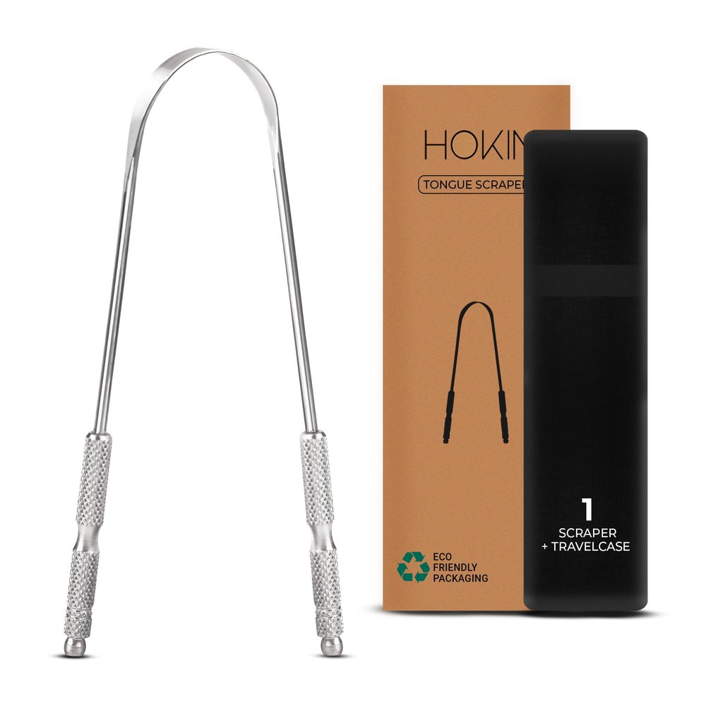 Tongue Scraper for Adults by HOKIN (1Pcs Oral Care Pack) Stainless Steel Tongue Cleaners Reduce Bad Breath 100% Metal Tough Scrapers Men and Women Hygiene Product