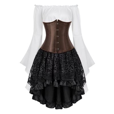 Josamogre Corset Underbust Dress 3 Set Skirt Tutu Blouse Women Outfit Vintage Lace Halloween Costume Burlesque Brown 3XL
