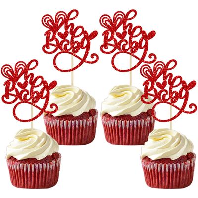 Gyufise 24Pcs Valentine's Day Oh Baby Cupcake Toppers Glitter Sweet Love Baby Cupcake Food Picks Valentine's Day Theme Kids Birthday Party Cake Decorations Supplies Red