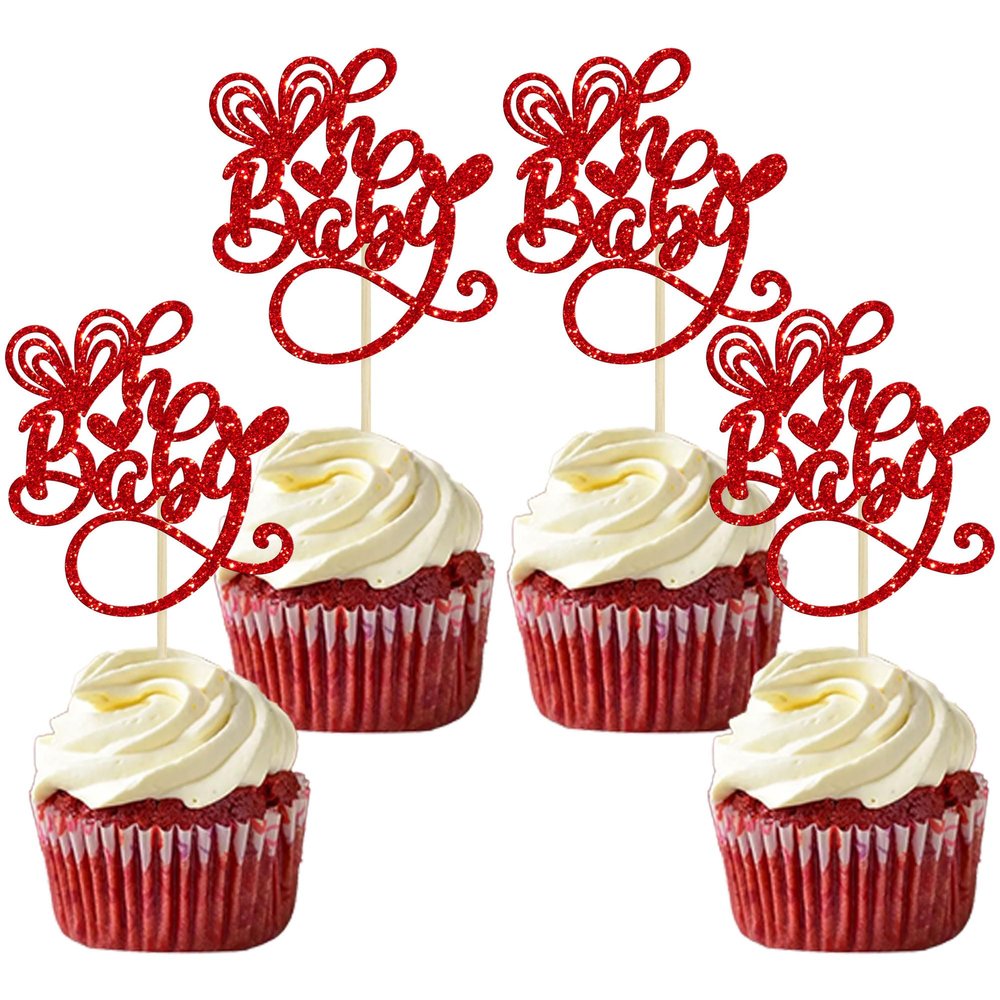 Gyufise 24Pcs Valentine's Day Oh Baby Cupcake Toppers Glitter Sweet Love Baby Cupcake Food Picks Valentine's Day Theme Kids Birthday Party Cake Decorations Supplies Red