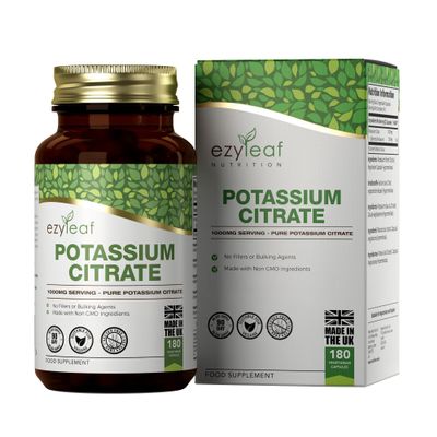 Ezyleaf Potassium Citrate | 180 High Strength Potassium-Capsules - 1000mg Citrate per Serving | Potasium Supplements | Clean, No Fillers Formula | Vegan, Non-GMO Gluten & Allergen Free | UK