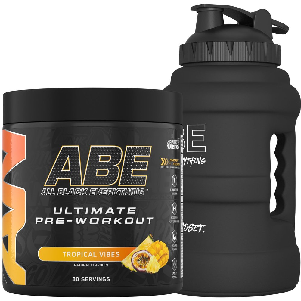 Applied Nutrition Bundle ABE Pre Workout 375g + JUG 2.5 LT Matt Black | All Black Everything Pre Workout Powder, Energy & Physical Performance with Creatine, Beta Alanine (Tropical)