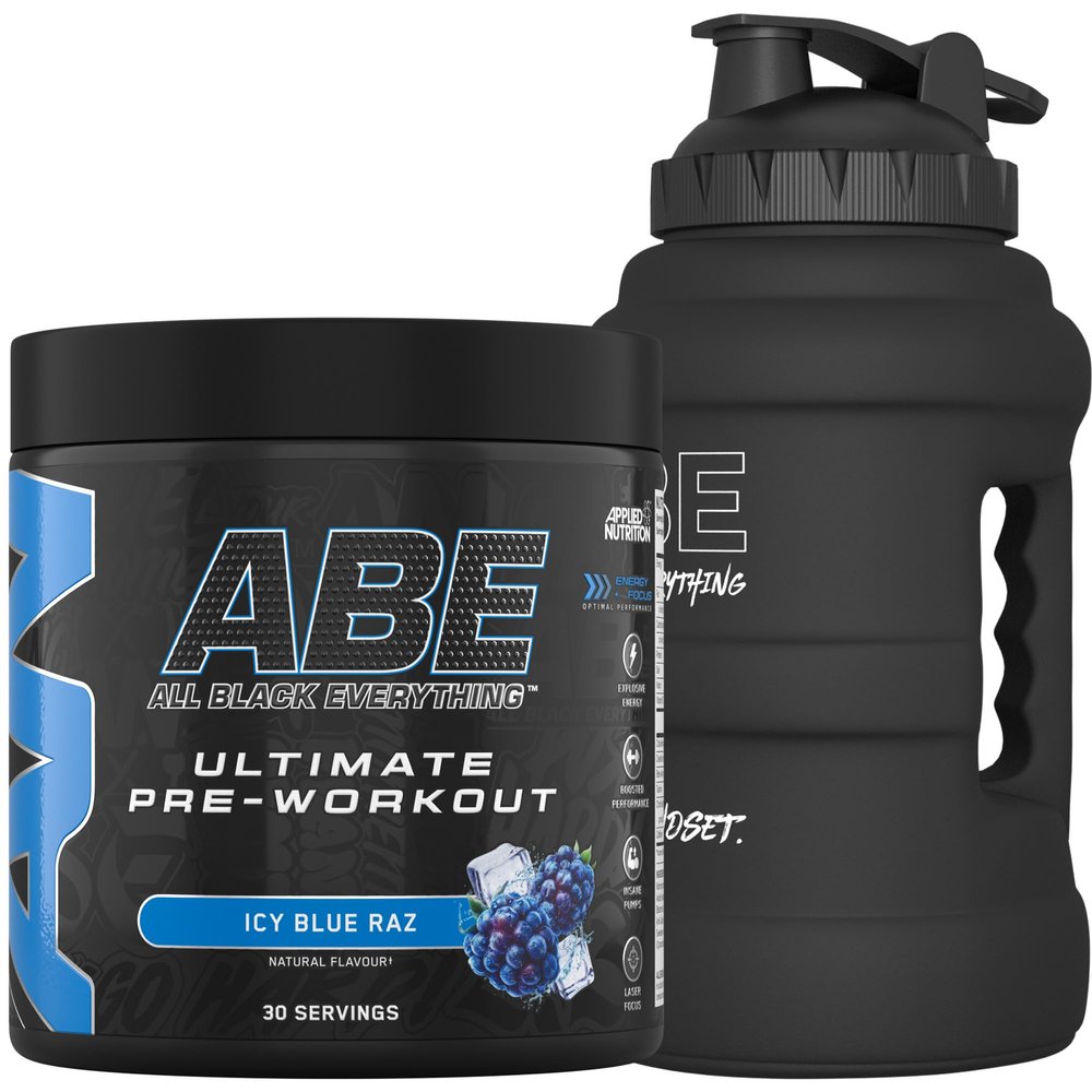 Applied Nutrition Bundle ABE Pre Workout 375g + JUG 2.5 LT Matt Black | All Black Everything Pre Workout Powder, Energy & Physical Performance with Creatine, Beta Alanine (ICY Blue Raz)