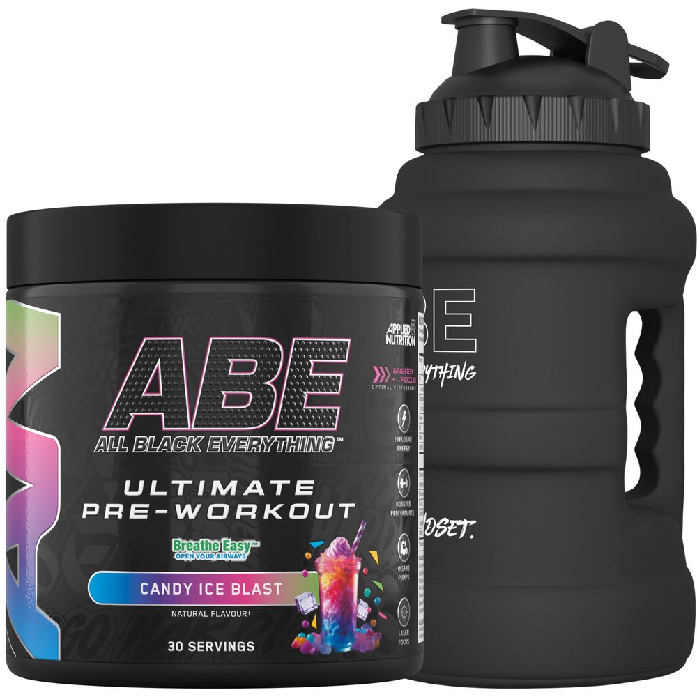 Applied Nutrition Bundle ABE Pre Workout 375g + JUG 2.5 LT Matt Black | All Black Everything Pre Workout Powder, Energy & Physical Performance with Creatine, Beta Alanine (Candy Ice Blast)