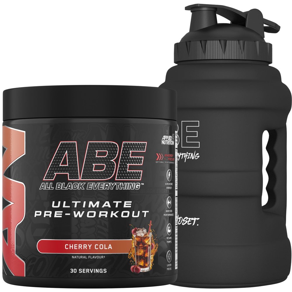 Applied Nutrition Bundle ABE Pre Workout 375g + JUG 2.5 LT Matt Black | All Black Everything Pre Workout Powder, Energy & Physical Performance with Creatine, Beta Alanine (Cherry Cola)